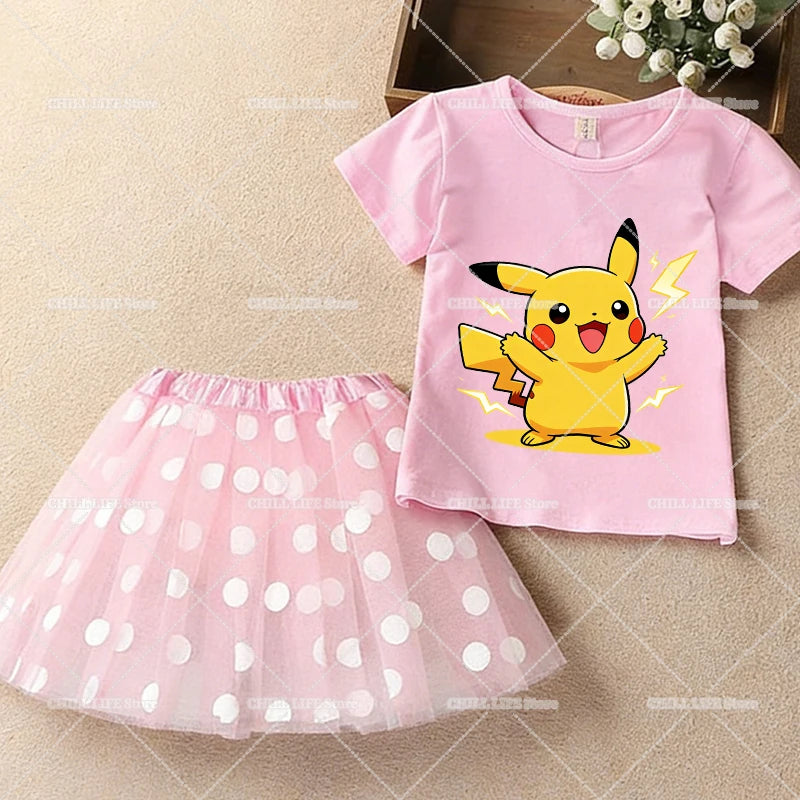 Kawaii Pikachu Eevee T-Shirt Skirt 2pcs Set Pokemon Jigglypuff Toddler Short Sleeve Tee Polka Dot Tutu Skirts Kids Clothes Set