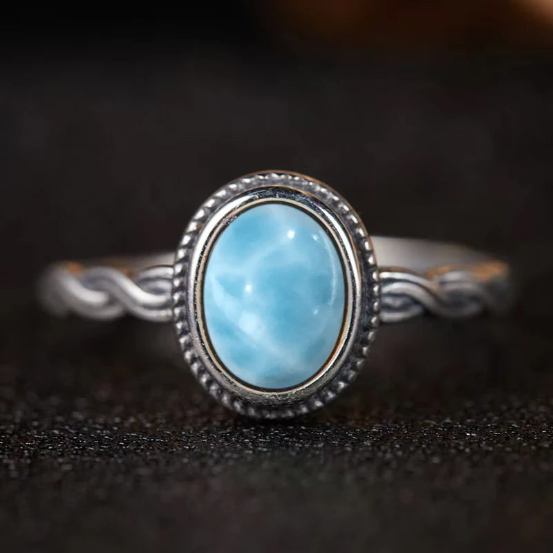 Original Certified 925 Silver Rings Larimar Natural Blue Stone 8*10MM oval shape twist Rings Fine Jewelry Gifts for Women Men
