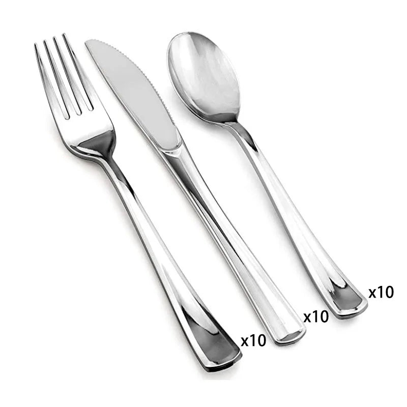 New Multi piece Set - Gold Platter Set, Plastic Tableware, Gold Edge Plate, Knife, Fork, Spoon, Party Wedding Set, Dessert Plate