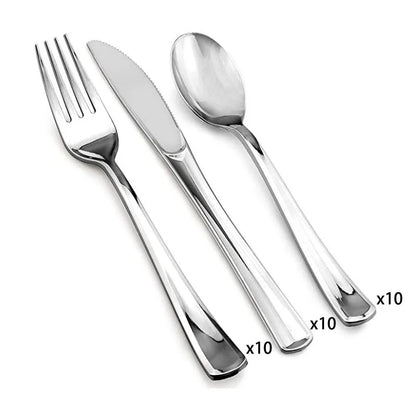 New Multi piece Set - Gold Platter Set, Plastic Tableware, Gold Edge Plate, Knife, Fork, Spoon, Party Wedding Set, Dessert Plate
