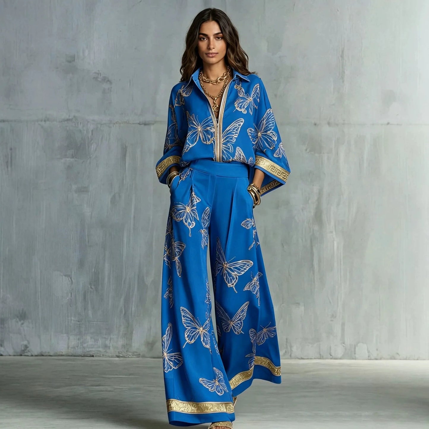 Fashion Set For Women Autumn 2026 New Loose Lapel Zipper Long Sleeve Coat Top Wide Leg Pants Two Piece Set Leisure Print Outfits