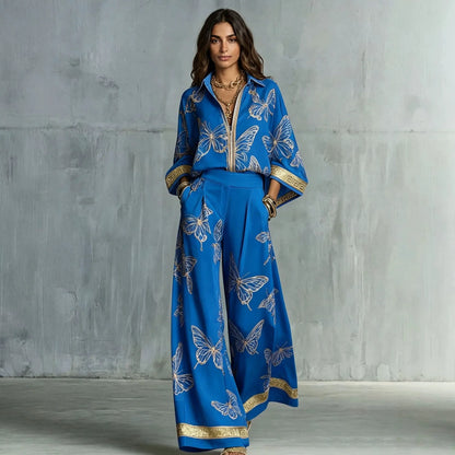 Fashion Set For Women Autumn 2026 New Loose Lapel Zipper Long Sleeve Coat Top Wide Leg Pants Two Piece Set Leisure Print Outfits