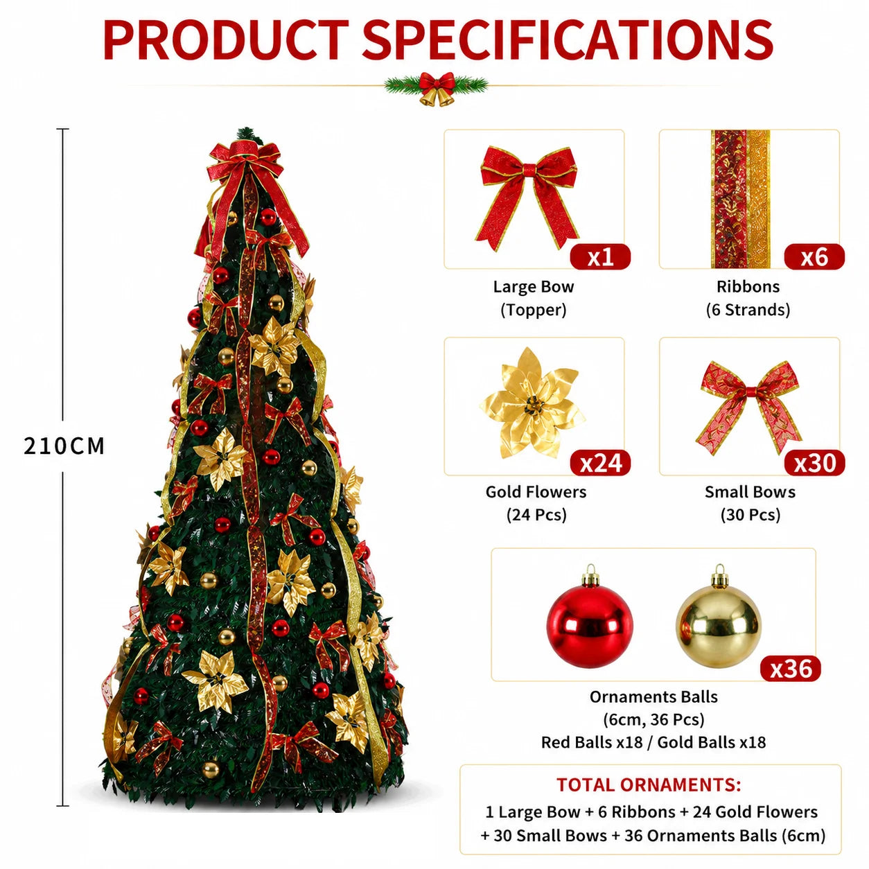 Pre Lit Pre Decorated Christmas Tree Pop Up Christmas Tree and Warm LED Lights & DIY Ornaments,Holiday Party Decorations