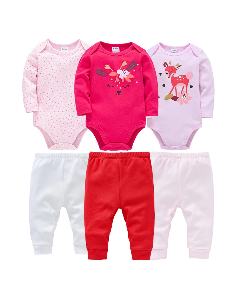 3/5/6 Pcs/Set  Baby Girls Clothing Set Red Deer Christmas Cute Printing Baby Bodysuit Long Sleeve Kids Rompers Cotton for 3-24M