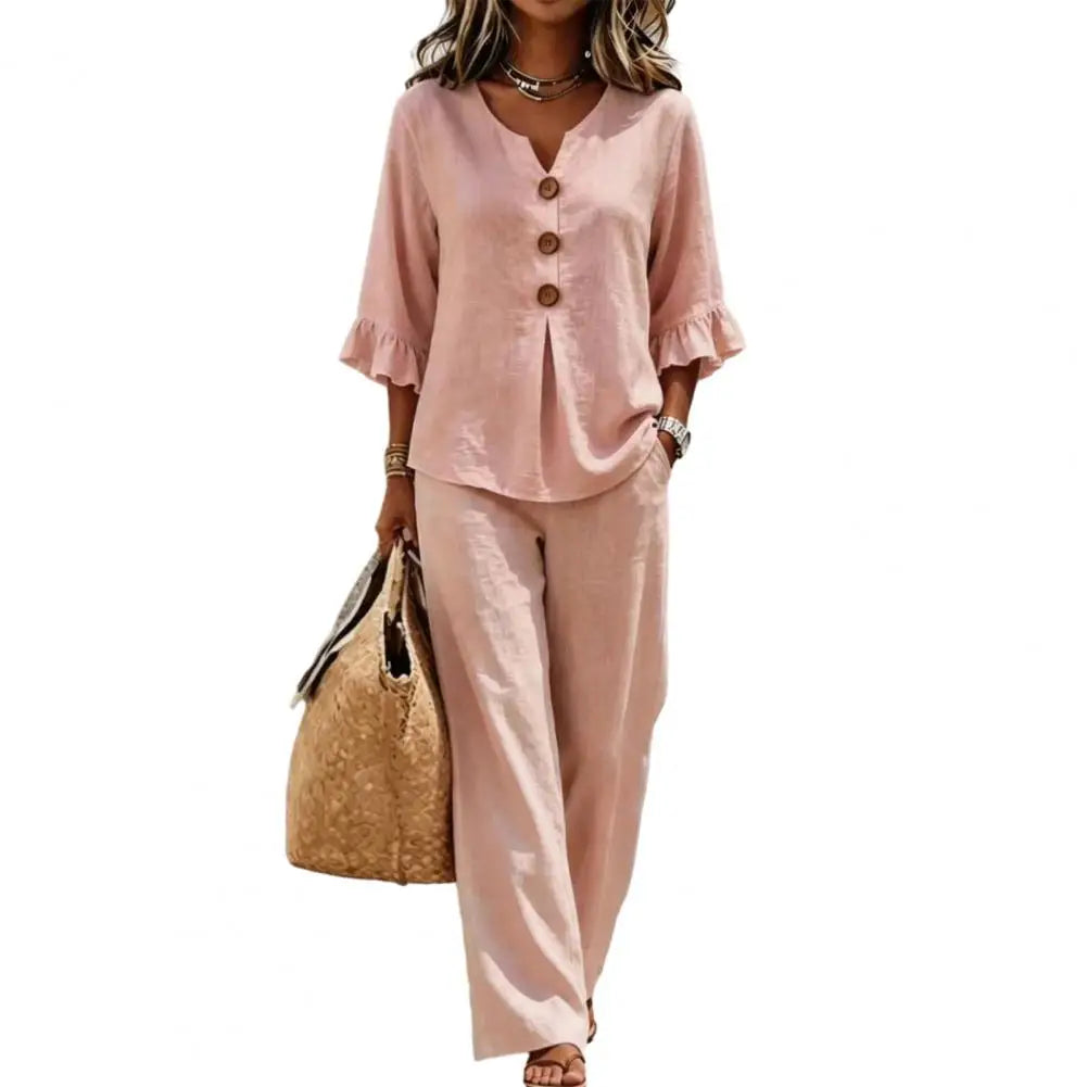 Summer 2 Piece Sets for Women Casual Ruffle 3/4 Sleeve V Neck Top And Wide Leg Pants Matching Set Loose Vacation Lounge Outfits