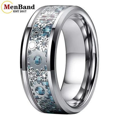 MenBand Unique 6/8mm Tungsten Carbide Rings Wedding Band Gear Wheel Blue Carbon Fiber Inlay Fashion Jewelry Comfort Fit
