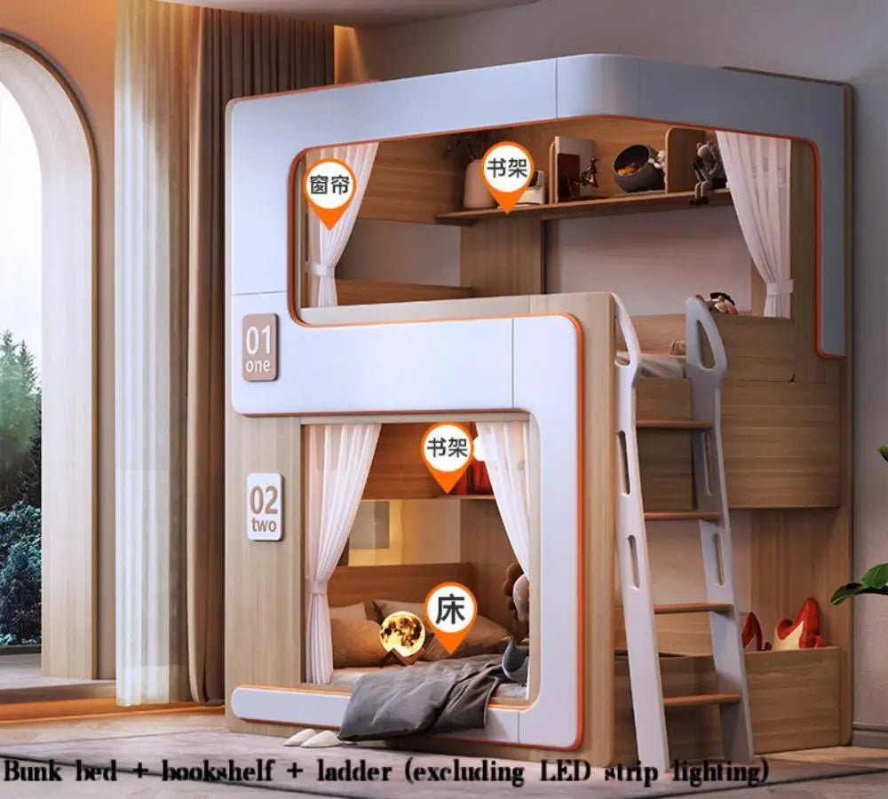 Simple Small Space Bunk Bed for Kids Floating Style High Guardrail Privacy Separated Twin Bed with Double Bookshelves