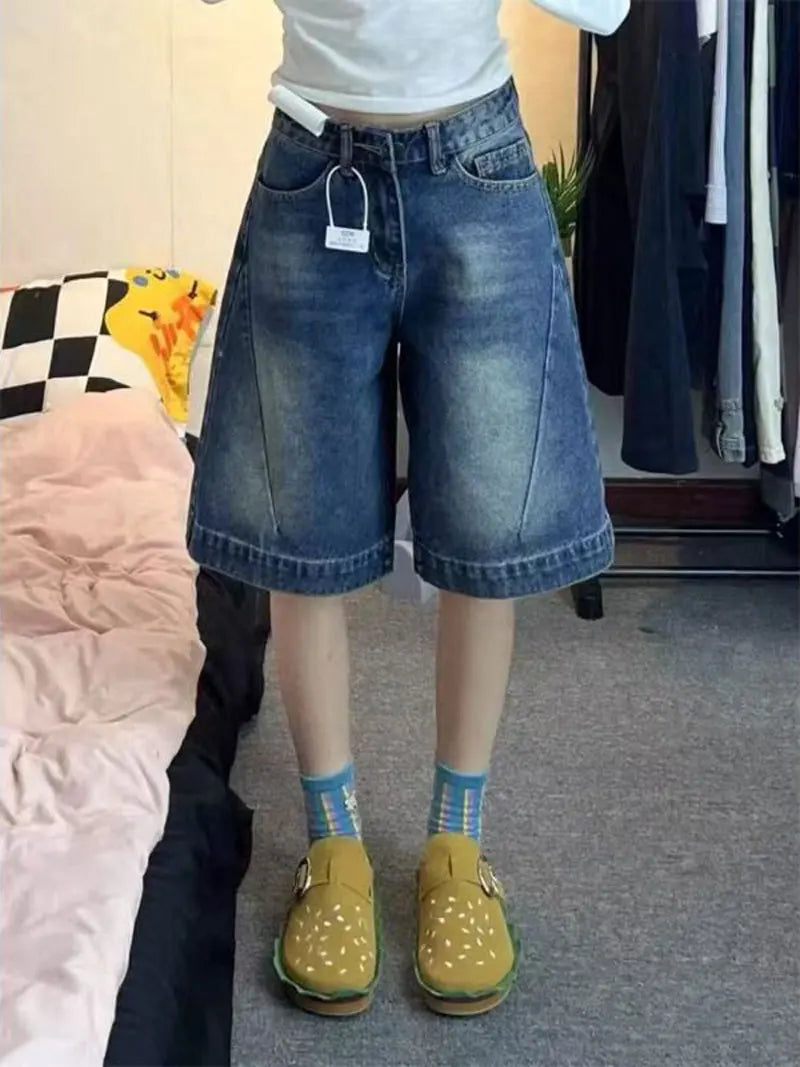 Blue Loose Wide Leg Denim Shorts Women's Summer New Design High Waist Loose Slim Straight Five-Quarter Pants