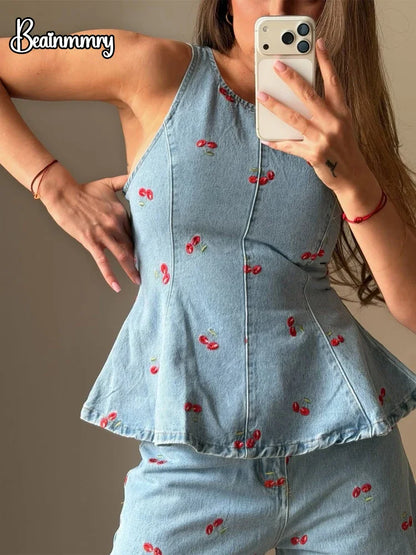 Denim Printed Sleeveless Pants  2-piece Set Women's Elegant Round Neck Fashion Short Shirt Long Pants Suit 2026 Street Outfit