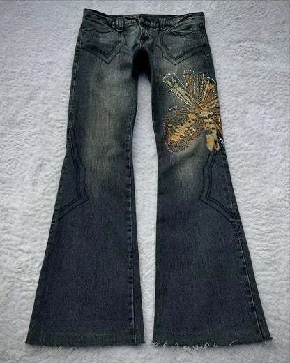 HOUZHOU Vintage Embroidery Patchwork Women Flared Jeans Y2k Harajuku Wide Leg American Style Denim Pants Baggy Punk Streetwear