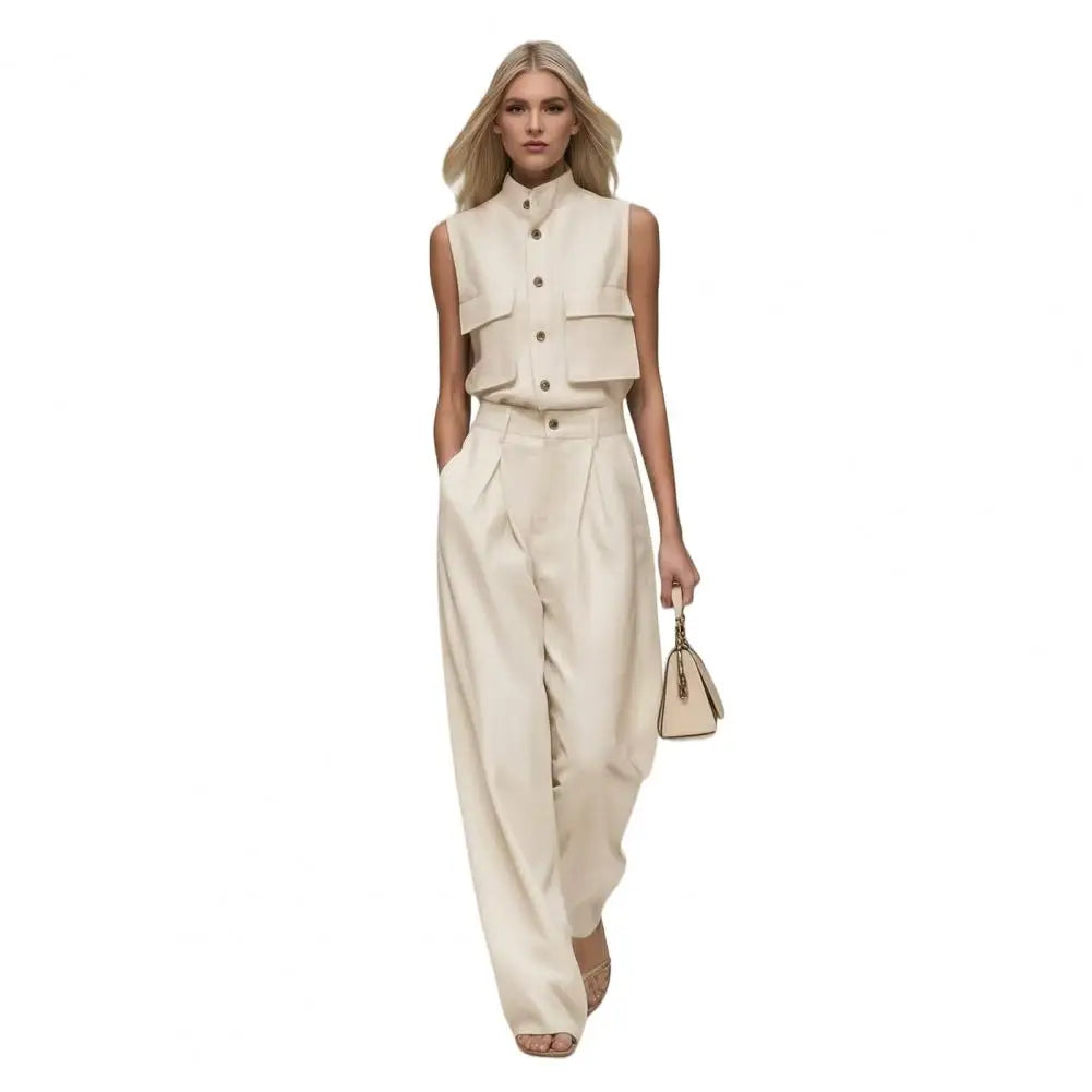 Elegant Sleeveless 2 Piece Sets Sleeveless Shirt Two Piece Outfit Stand Collar Pocket Blouse High Waisted Wide Leg Pants Sets