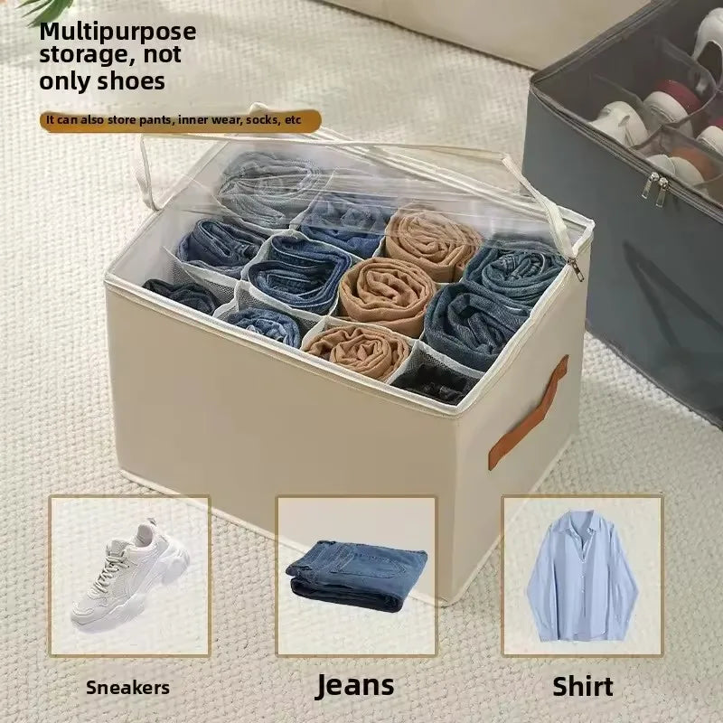 Shoe Organizer for Closet Foldable Shoe Storage Containers with Clear Cover Fits up to 16-32 Pairs with Adjustabele Dividers