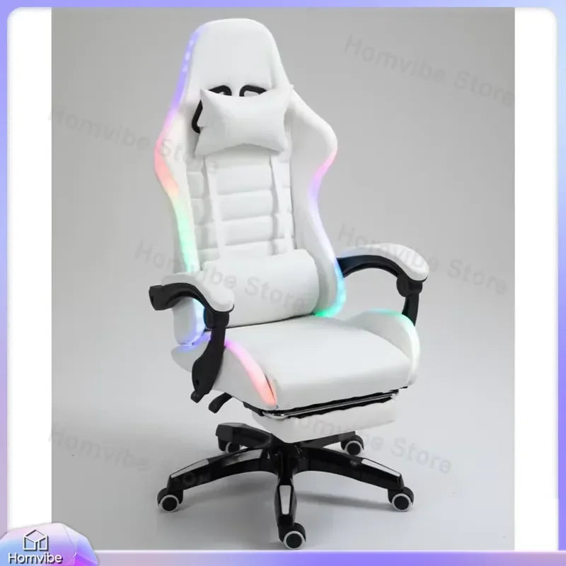 White PU Leather Gaming Chair with RGB LED Lights Massage Function Built-in Speakers Racing Style Ergonomic Design for PC