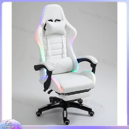 White PU Leather Gaming Chair with RGB LED Lights Massage Function Built-in Speakers Racing Style Ergonomic Design for PC