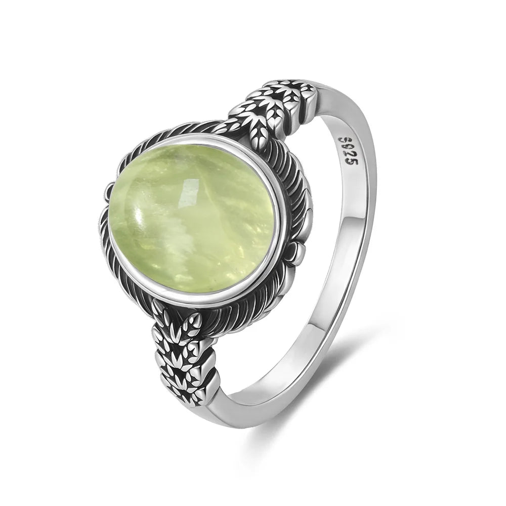 925 Sterling Silver Ring With Natural Prehnite Stone 8*10mm Oval Shape With Crystal Flower Design Gifts Fine Jewelry For Women