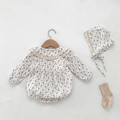 Newborn Girl Cotton Floral Doll Lace Collar Long Sleeve Princess Romper + Hat Suit Baby Clothes Set 0-2 Years Old