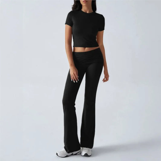 Women's Sexy Tops Suits 2026 Summer Latest Casual Solid Color Yoga Suit Slim Fit Sports Short Sleeved Pants Two-Piece Set Outfit
