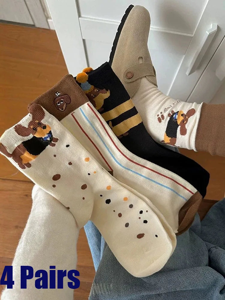 4 Pairs Women's Cartoon Dog Socks Korean Foldable Two-Wear Sweatproof Cotton Oxford Mid-Calf Socks for Fall and Spring