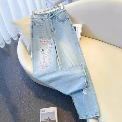 New Pink Flower Embroidered Jeans Women Spring  Autumn High Waist Fashion Slim Wide-Leg Pants Embroidered Straight Pant