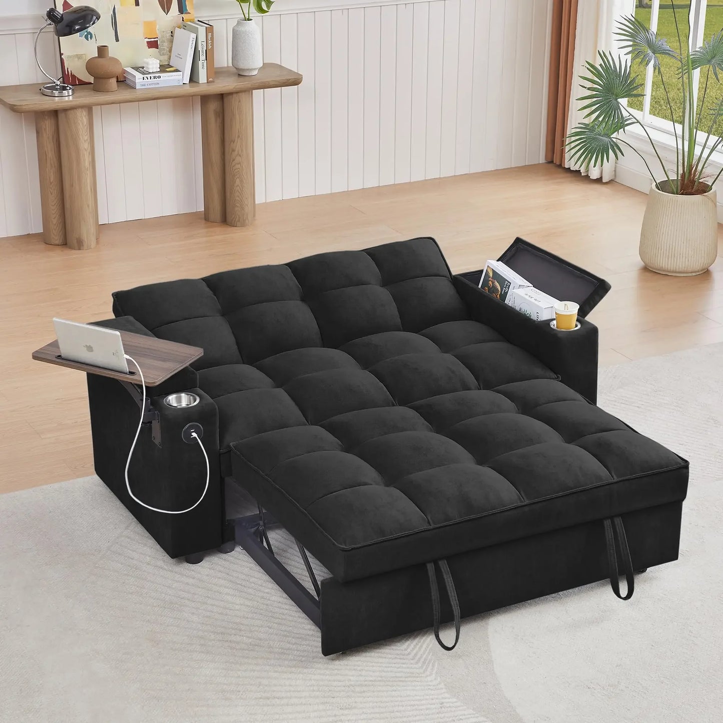 hansones 65'' 3-in-1 Folding Convertible Sofa Bed, Pullout Sofa, Modern Chenille Fabric, 360° Swivel Side Table, Easy Assembly,