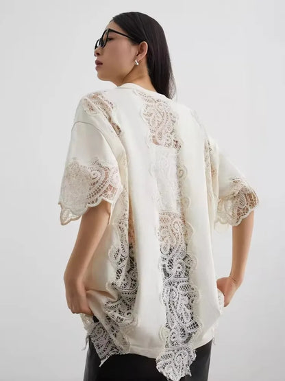 Women White Lace Hollow Out Top Short Sleeve Blouse Crochet Detail Casual Elegant Summer Shirt Fashion Clothing