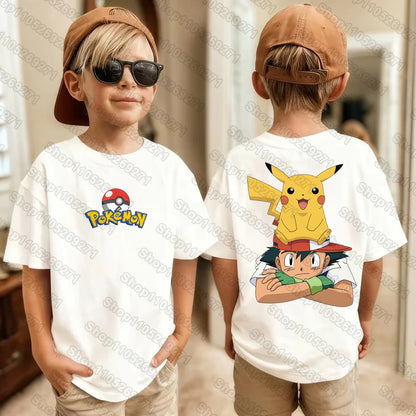 Pokemons Pikachu Cartoon Kids Printed T-Shirts Boys Girls Casual Short Sleeves Tops Children's Harajuku Fashion Tee Clothing