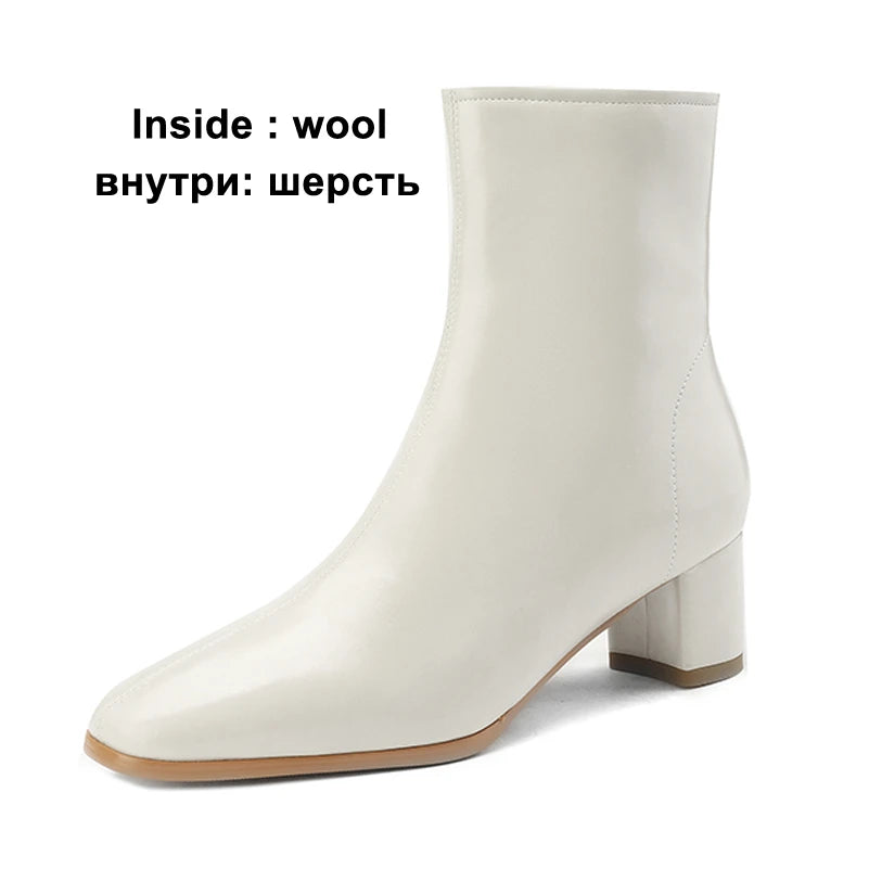 Meotina Women Genuine Leather Ankle Fur Wool Boots Round Toe Thick Mid Heel Zipper Ladies Fashion Short Boot Autumn Winter Shoes