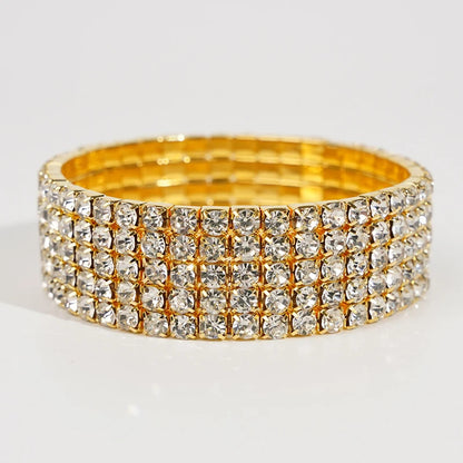 Classic Multiple Shining Rhinestone Crystal Stretch For Women Girls Bridal Wedding Wristband Elastic Bracelet Gold Silver Color