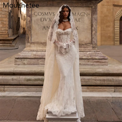 Mouzhetee Mermaid Elegant Pearls Lace Strapless Wedding Dresses Simple Sleeveless Brides Gown Custom Made 2026