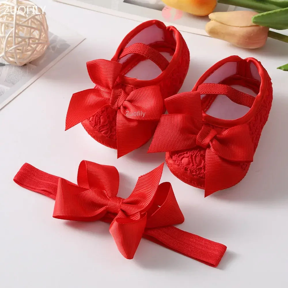 Spring Infant Baby Girl Shoes Newborn Lace Flowers Headband Anti-Slip Soft Sole First Walkers Toddler Kids Cotton Baptism Shoes