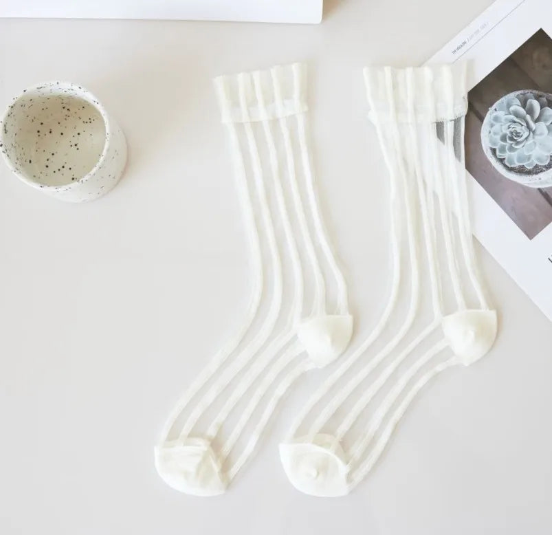 Transparent Crystal Silk Socks Women Fashion Ultra-thin Summer Harajuku Crew Socks Flower Streetwear Elastic Long Mesh Socks