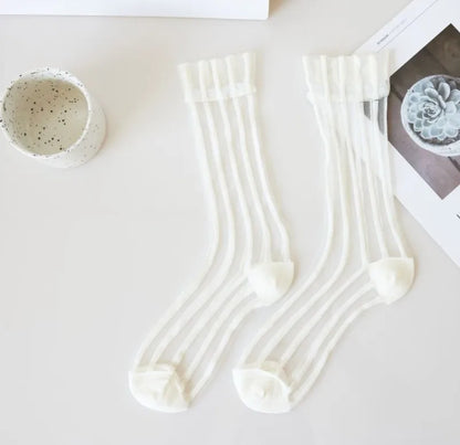 Transparent Crystal Silk Socks Women Fashion Ultra-thin Summer Harajuku Crew Socks Flower Streetwear Elastic Long Mesh Socks