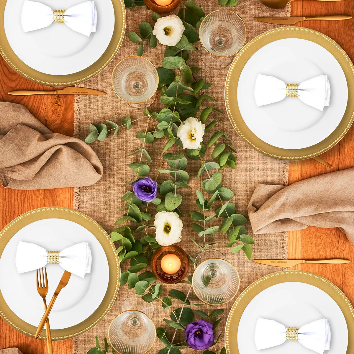 Gold Charger Plates Set of 50 Bulk 13 Inch Round Heavy Duty Reusable Plastic Dinner Chargers with Matching Napkin Ring Holders, Elegant Beaded Decorative Table Setting Serveware for Wedding Reception Christmas Party Holiday B