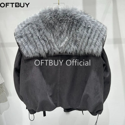 OFTBUY Real Fox Fur Collar Goose Down Jacket Winter Windproof Heavy Padded Coat Women Cropped Puffer Jacket Casual Outerwear