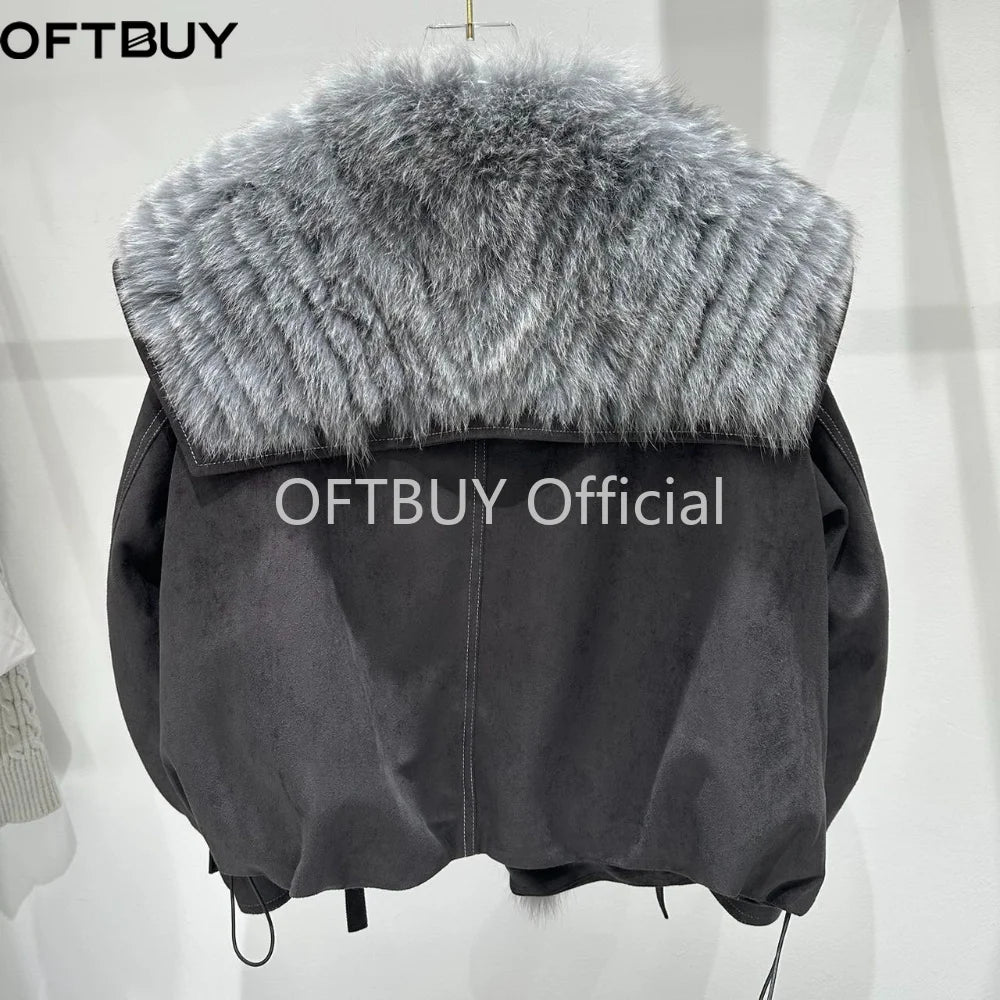 OFTBUY Real Fox Fur Collar Goose Down Jacket Winter Windproof Heavy Padded Coat Women Cropped Puffer Jacket Casual Outerwear