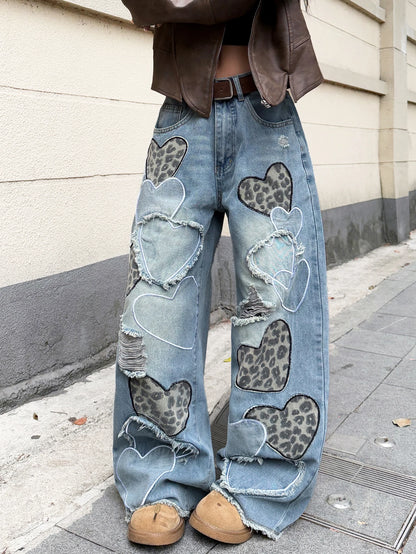 American Retro Heart-Shaped Leopard Print Patchwork Women's Loose High-Waisted Blue Wide-Leg Jeans, Street Fashion Niche Design Versatile Trousers