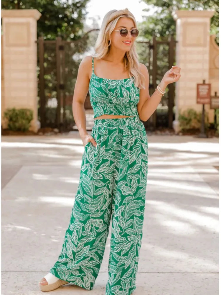 Women's Fashion Print Halter Sexy Short Top + Wide Leg Pant Suit Summer Casual Simple Sweet About Elegant Female Pant 2piece Set