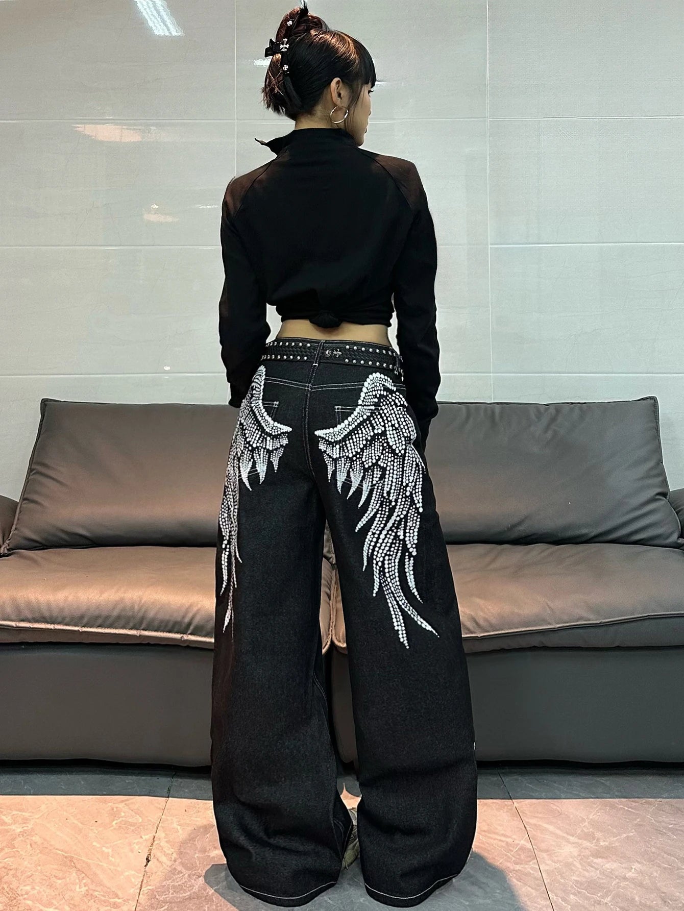 American Retro Angel Wings Print Black Women's Loose Wide-Leg Jeans Y2K Street Hip-Hop Trend Versatile Straight Trousers