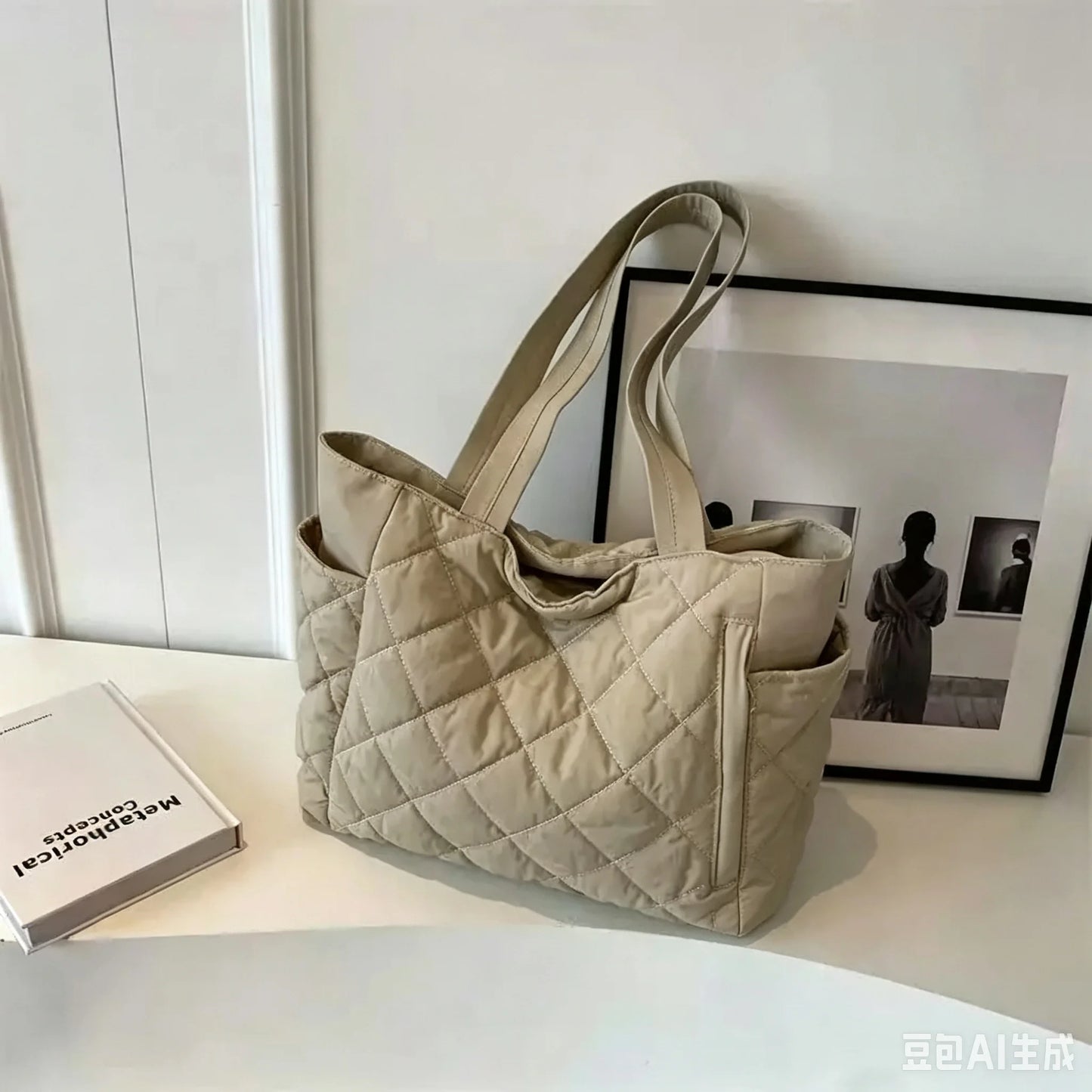Cotton bag Rhombus large capacity women's hand-held tote bag commuter shopping versatile shoulder bag cross-border