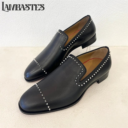 Trimmed Studded Leather Mens Loafers Metal Rivet Slip on Shoes Polished PU Leather Men's Formal Dress Shoes Customizable Colors