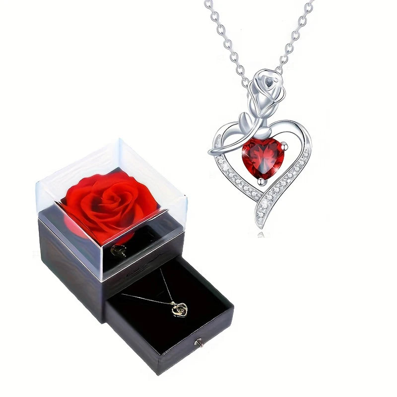 Luxury Red Zircon Heart Necklace With Rose Flower Gift Box For Girlfriend Birthday Valentine Gift  Romantic Accessories