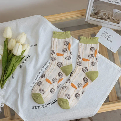 New Style Crew Socks for Women Spring Fashion Cute Flower Long Cotton Socks Japanese Style Breathable Casual Trendy Absorb Sweat