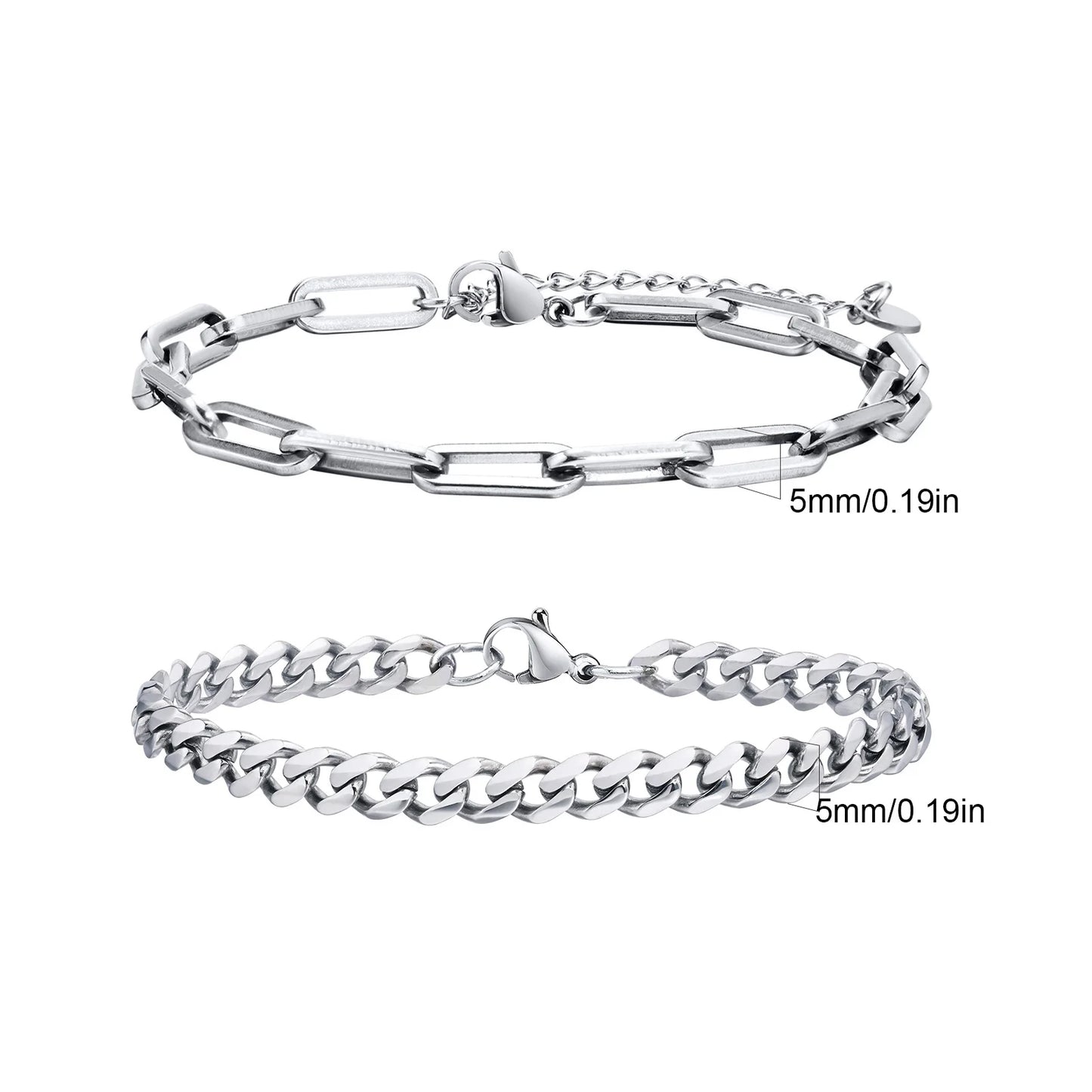 2pcs Men's Chain Bracelets, Stainless Steel Silver Gold Black Color
