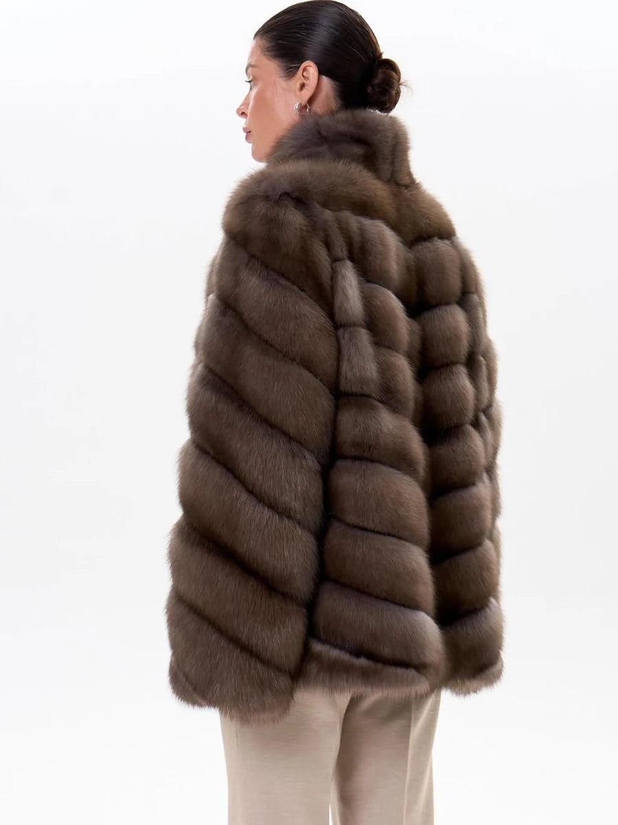Women Winter Faux Fur Coat 2026 Warm Taupe Fluffy Plush Jacket Striped Patchwork Elegant Outerwear