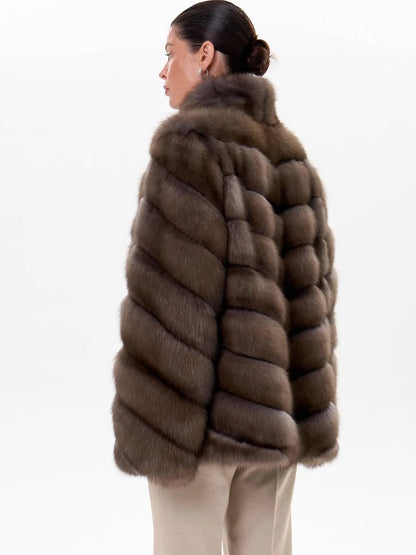Women Winter Faux Fur Coat 2026 Warm Taupe Fluffy Plush Jacket Striped Patchwork Elegant Outerwear