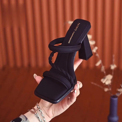 Fashionable One-piece Slippers for Women in Summer, Square Heel High Heels, 2025 New Square Toe Style Cool Slippers