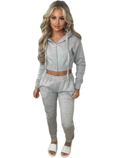 Fleece Hooded Sweatshirt Short Hooded Women's Suit Autumn Winter New Casual Zipper Hoodie Sports Jogging Pants Female 2piece Set