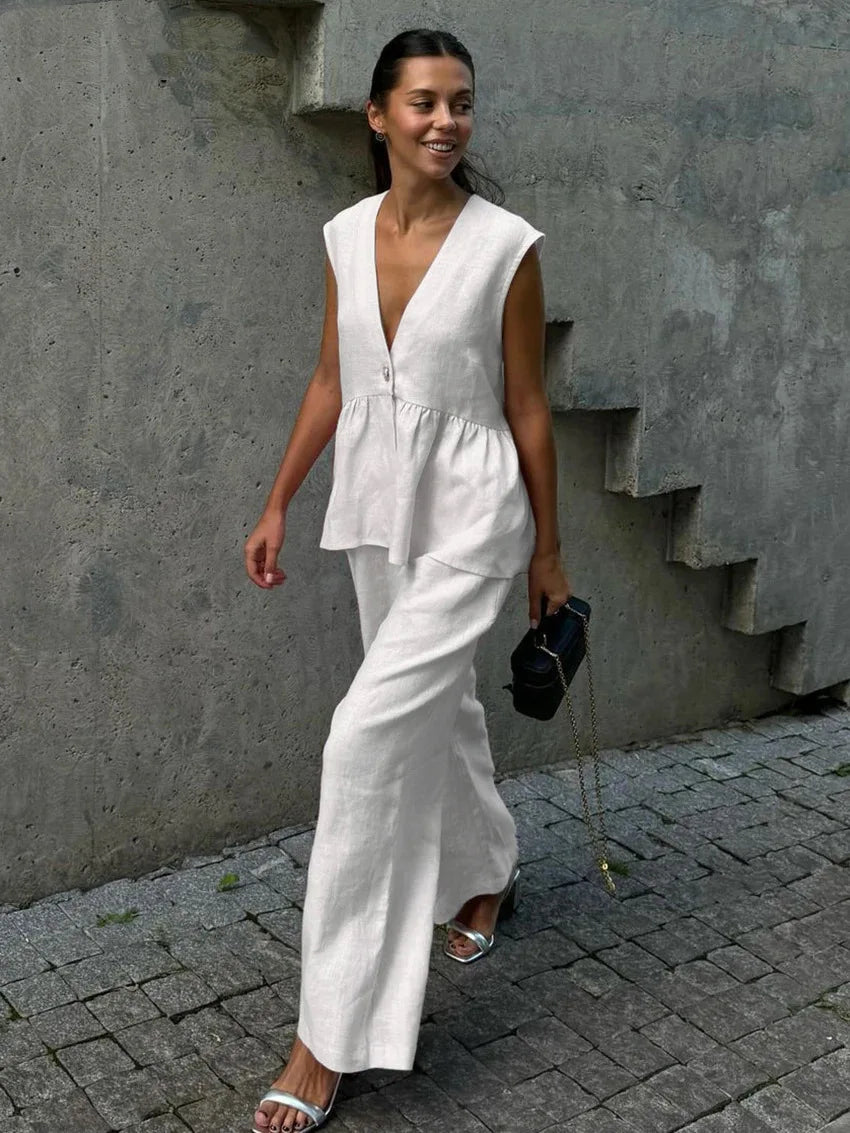 2026 V-neck sleeveless top, vest and long pants suit, solid-color two-piece set