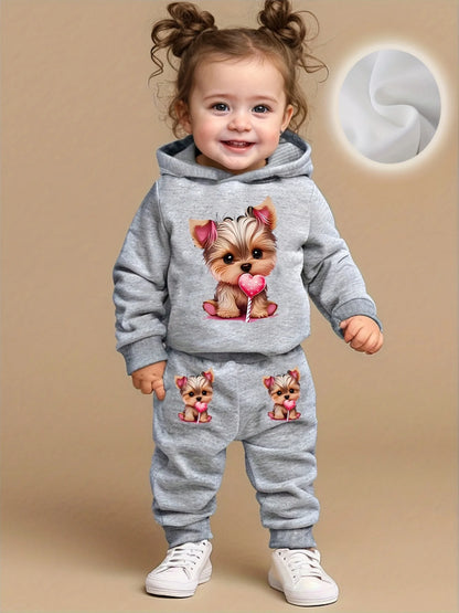 A cute dog pattern printed fleece hoodie and pants set for baby girls in autumn and winter for newborns