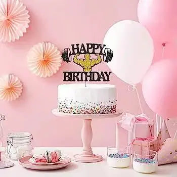Weightlifting Cake Topper Happy Birthday Sports Pump Iron Kids Boy Man Party Baby Shower Cupcake Decoration Baking Supplies DIY